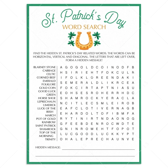 Fourth grade student working on a challenging St. Patrick's Day themed word search puzzle worksheet number 21