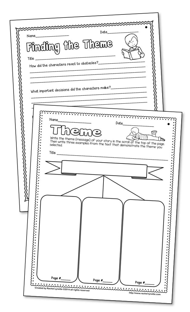 Fourth grade students using a step-by-step Find the Theme Flowchart worksheet to identify central messages in stories