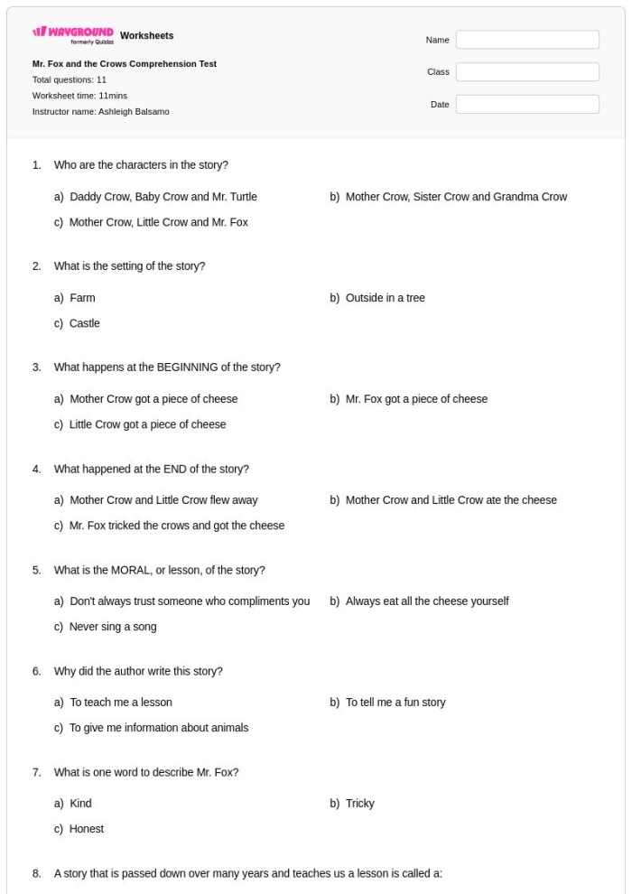 Second grade reading comprehension worksheet featuring The Fox and the Crow fable and mixed operations questions