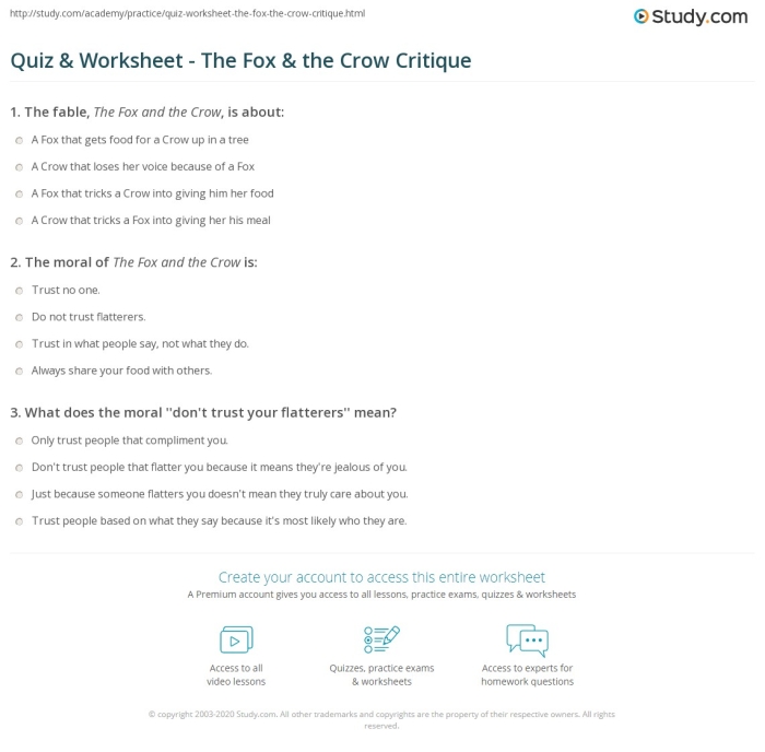 Second grade reading comprehension worksheet featuring The Fox and the Crow fable for mixed operations practice