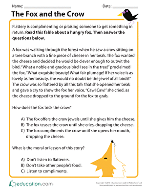 A second grade worksheet featuring The Fox and the Crow fable for reading comprehension practice