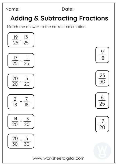 Worksheet for practicing addition and subtraction of fractions for fourth graders