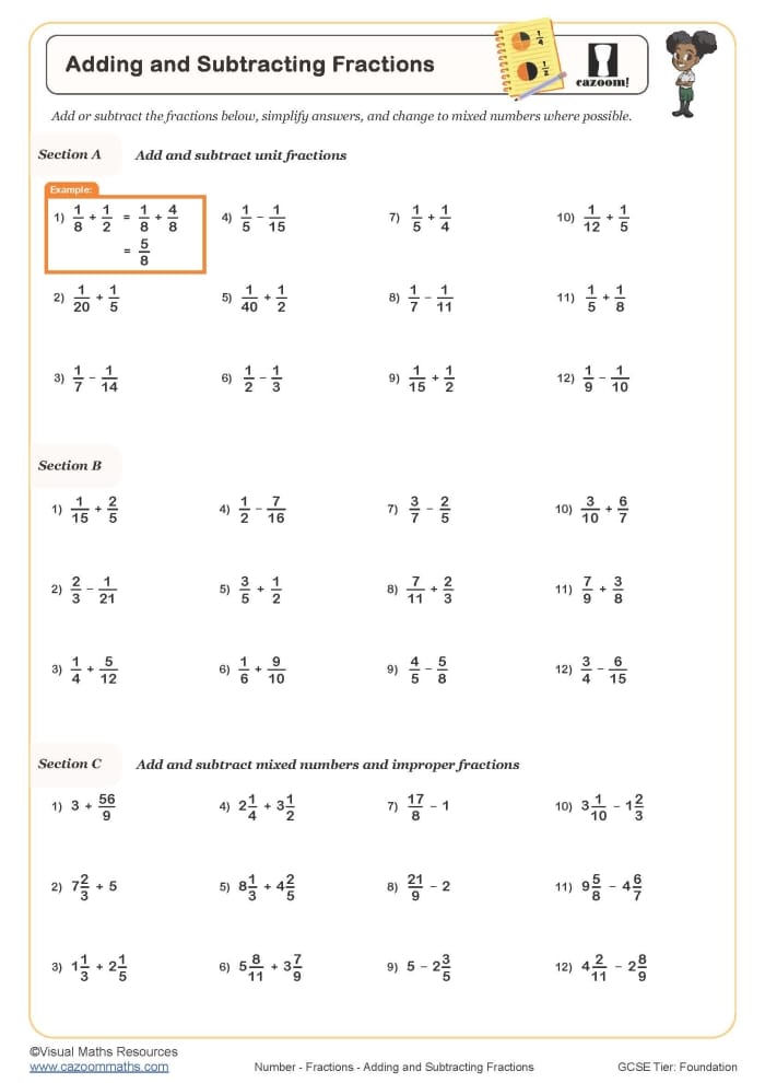 Adding and Subtracting Fractions Quiz Worksheet 6 Fourth grade students solving a two-part math quiz on adding and subtracting fractions with like denominators