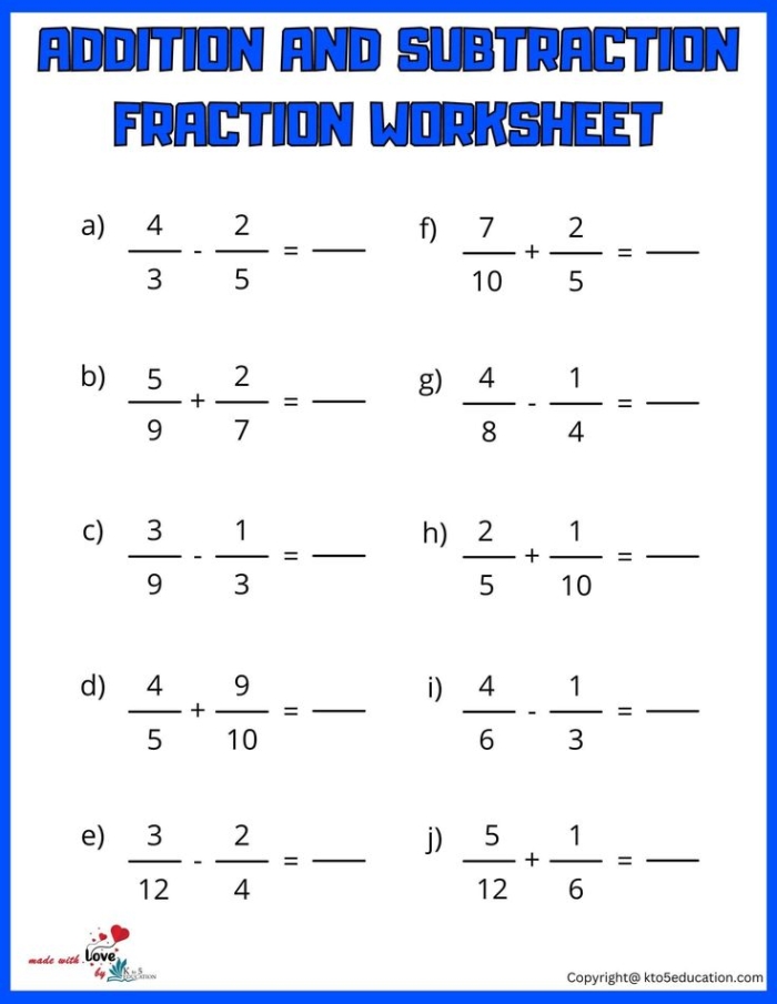 Worksheet for practicing addition and subtraction of fractions for fourth graders