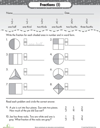 History worksheet for Third Grade Worksheet illustrating fraction basics for third graders with shaded shapes to identify. Fraction Basics Worksheet for Third Grade - Image 10.