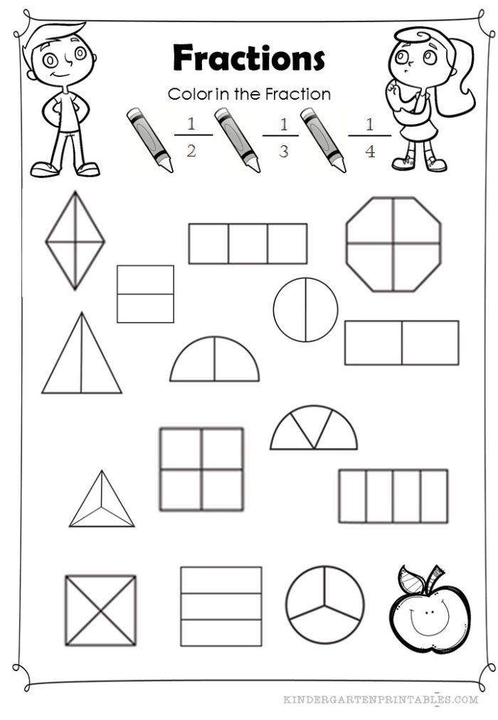Colorful fraction shapes for first graders to color and learn about fractions
