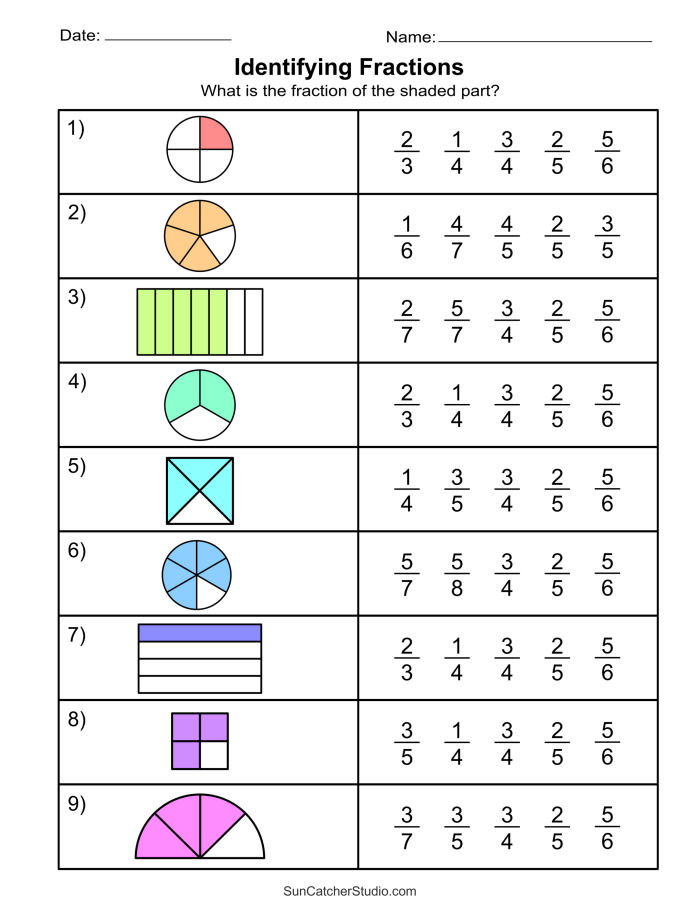 Third grade student coloring in circular and rectangular fraction diagrams for math practice