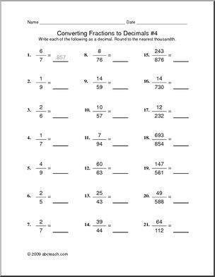Worksheet for practicing conversions between fractions and decimals for fourth graders
