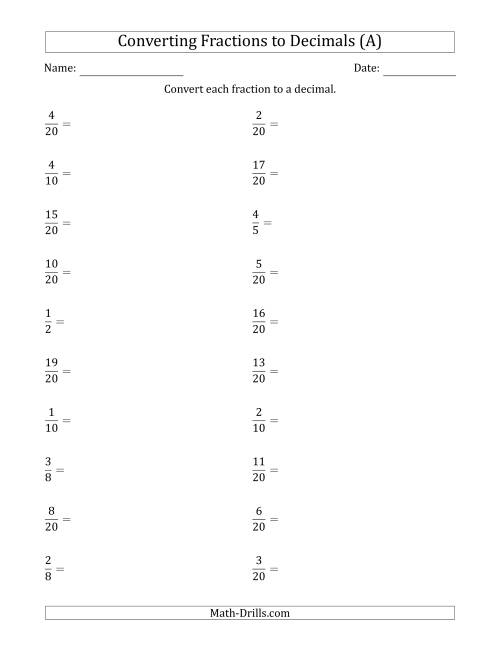Worksheet for converting between fractions and decimals for fourth graders