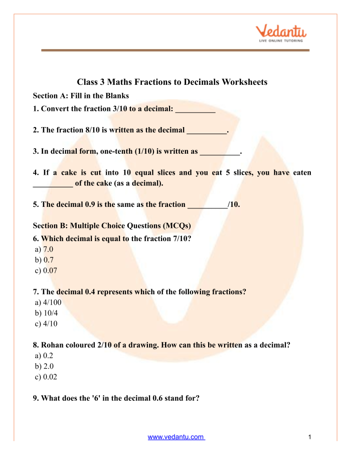 Worksheet for practicing the conversion of fractions to decimals for fourth graders