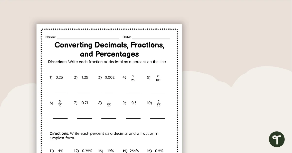 Worksheet on converting fractions to decimals for fourth-grade students