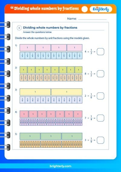 Practice worksheet designed to enhance fraction division skills for children Dividing fractions by whole numbers worksheet for fifth graders