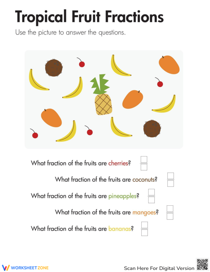 Grammar and Mechanics worksheet for Fourth Grade Colorful illustration of apples and oranges on a worksheet designed for reviewing fractions. Engaging Fraction Fruit worksheet for fourth graders to practice their skills.