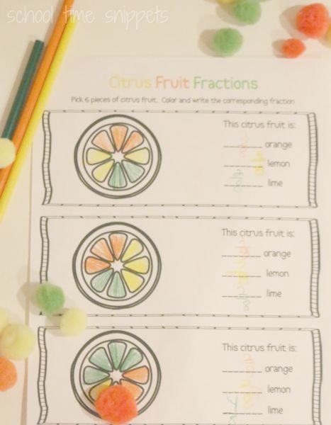 Engaging worksheet for reviewing fractions with fruity illustrations Colorful Fraction Fruit worksheet featuring apples and oranges for fourth graders