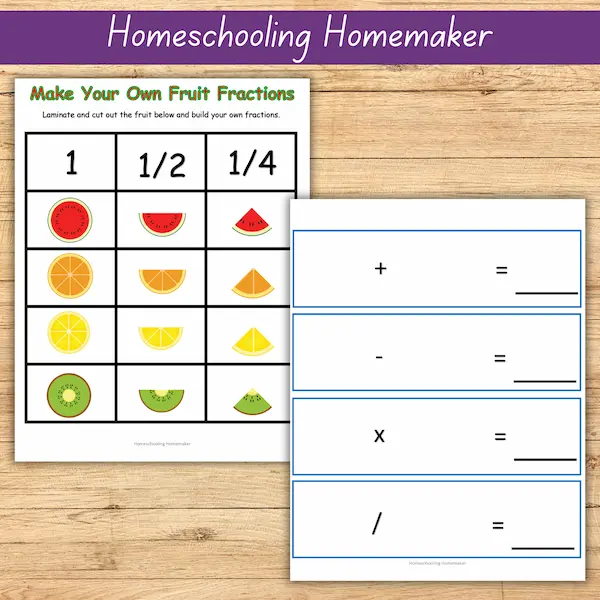 Fruit-themed fraction review worksheet for fourth graders Colorful worksheet featuring apples and oranges for fraction practice