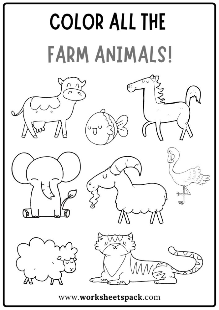 Worksheet featuring farm animals for practicing fractions