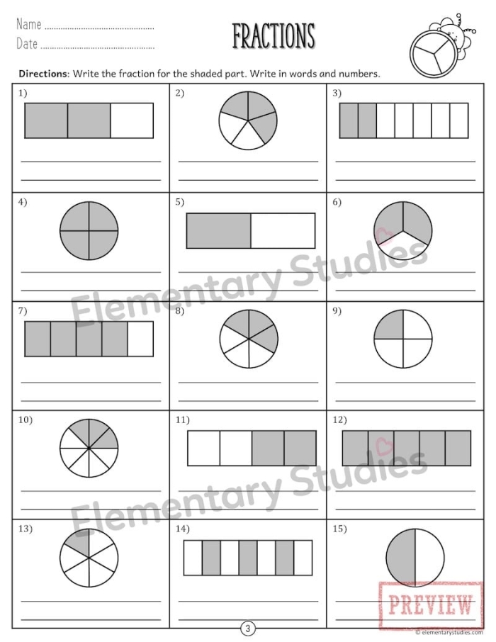 Colorful worksheet featuring farm animals to teach fractions