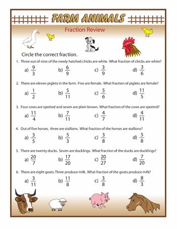 Farm animals engaging in fraction-related activities for third graders