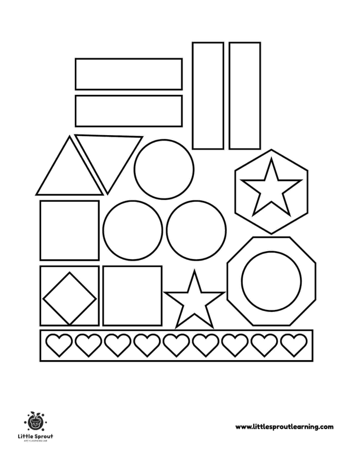 Printable fraction activity with shapes split into two equal parts for young learners First grade math worksheet showing colorful shapes divided in half for learning fractions