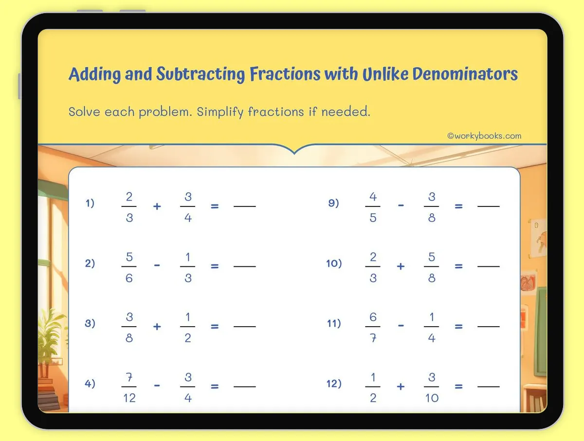 Worksheet for practicing adding and subtracting fractions with different denominators for fifth graders