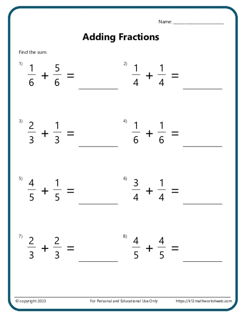 Fourth grade student practicing addition and subtraction of fractions on a printed worksheet