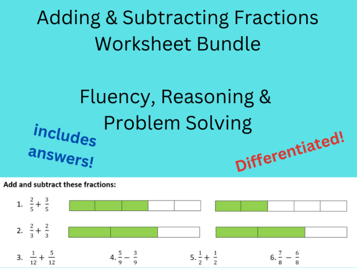 Worksheet for fourth graders to practice adding and subtracting simple fractions