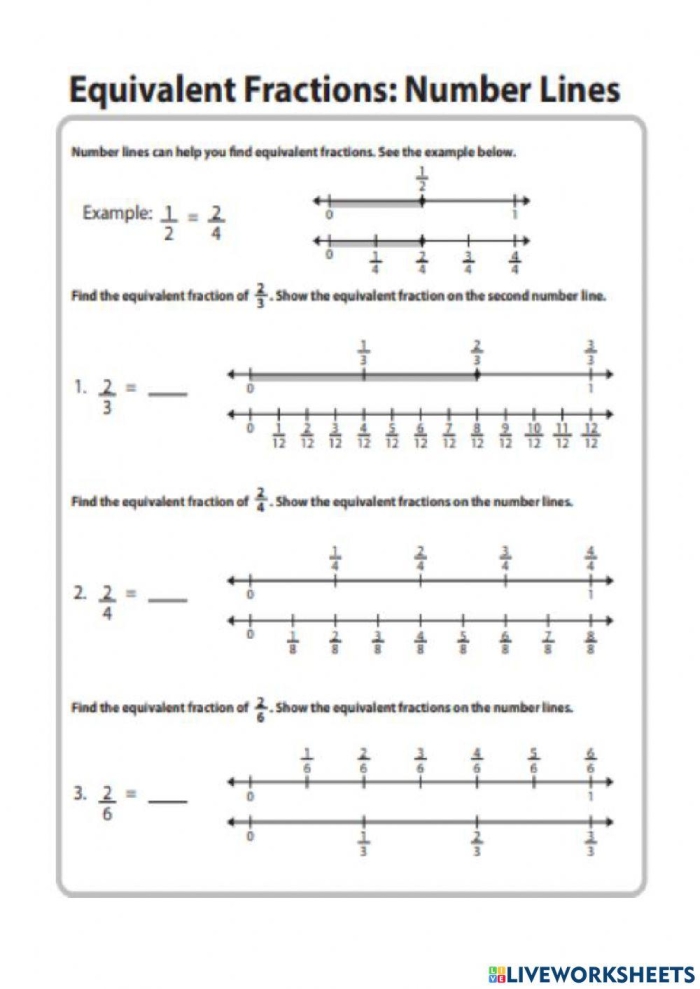 Fourth grade student completing a math exercise on plotting equivalent fractions using number lines