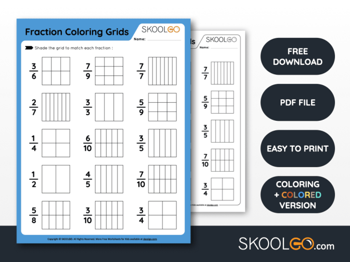 First grade math worksheet featuring shapes to color for practicing the fraction 1/4