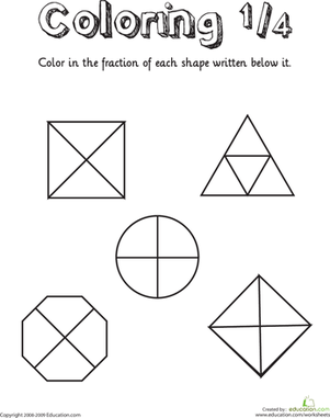First grade student coloring worksheet focusing on identifying the fraction 1/4 with shapes