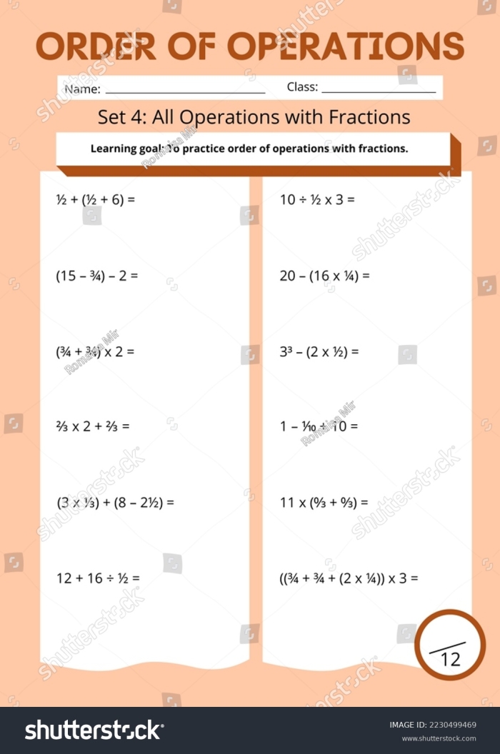Order of Operations Fractions Worksheet Grade 5 Image 9 Fifth grade math worksheet featuring fraction expressions and order of operations problems for number nine