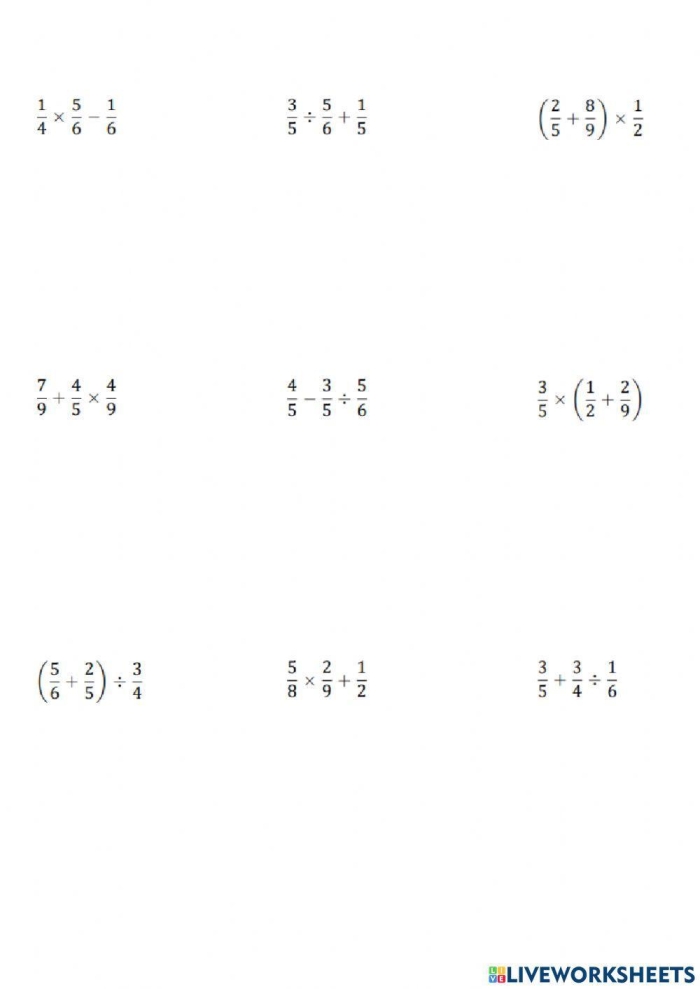 Order of Operations with Fractions Worksheet 23 Fifth grade math worksheet featuring fraction equations to solve using the order of operations