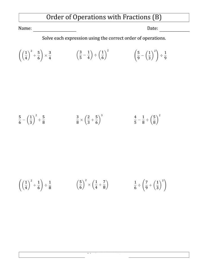 Order of Operations With Fractions Practice Problems for Elementary Math Fifth grade students solving fraction order of operations math problems on a worksheet
