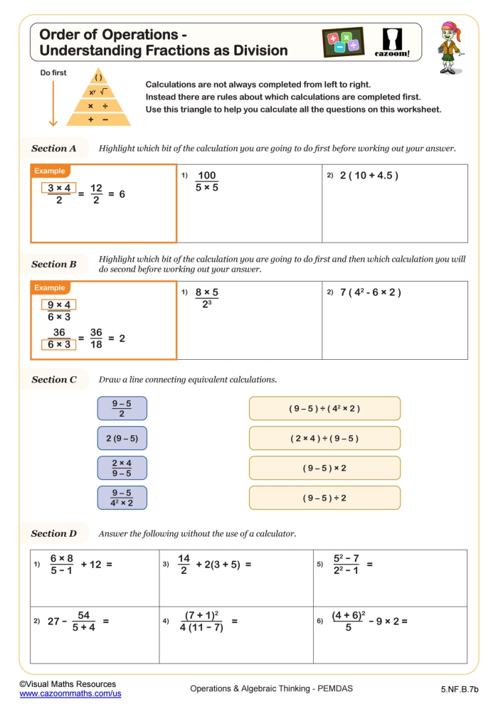 Order of Operations Fractions Challenge Problems for Grade 5 Worksheet 24 Fifth grade students solving fraction expressions with order of operations rules in math worksheet 24