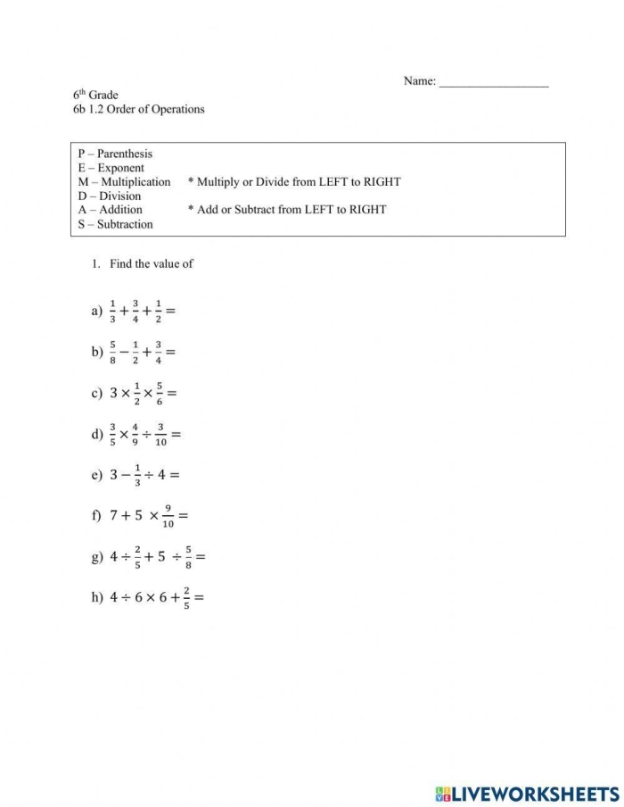Order of Operations with Fractions Practice Worksheet Fifteen Fifth grade math worksheet featuring multiple order of operations problems involving fractions labeled as worksheet fifteen