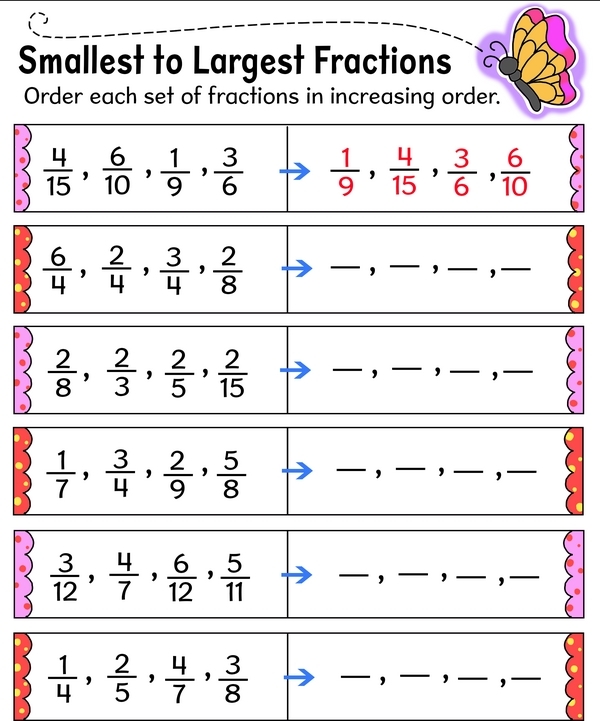 Practicing Fractions Largest to Smallest Worksheet 22 Fourth grade math worksheet for comparing and ordering fractions from largest to smallest with unlike denominators