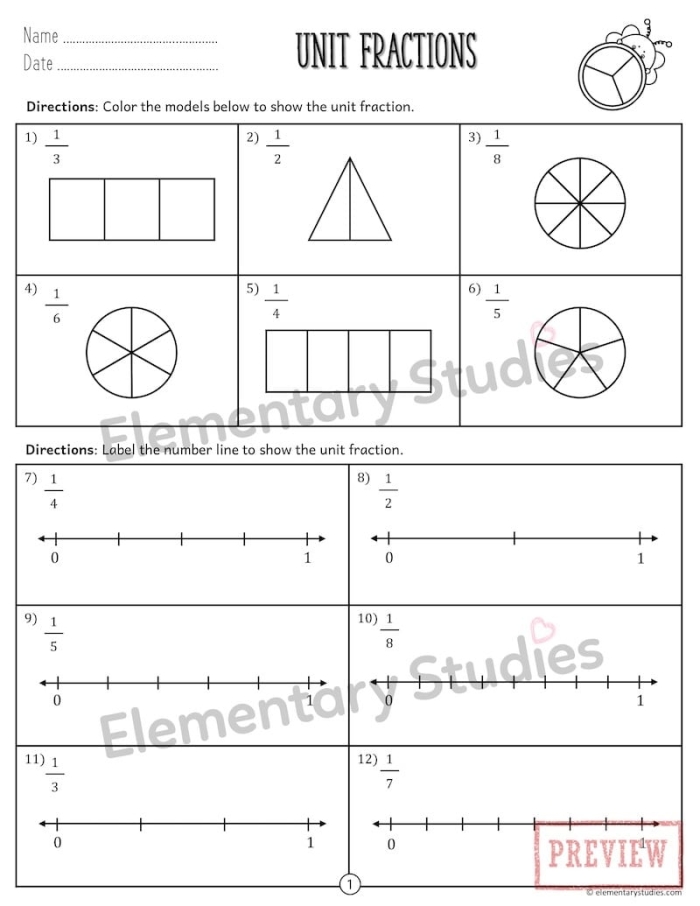 Third grade math worksheet featuring farm animal illustrations for practicing fractions