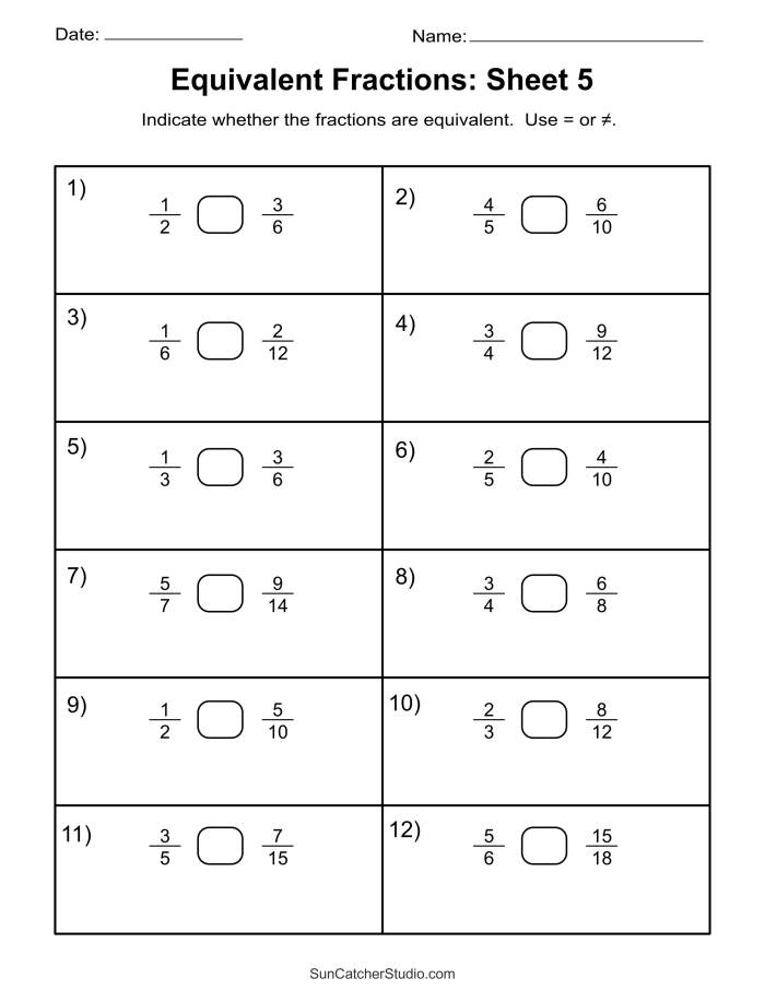 Fourth grade students working with equivalent fractions on a practice worksheet showing fraction models and comparison activities