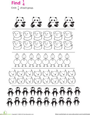 Fraction Practice: Find 1/2 Worksheet for Grade Two Worksheet for practicing the fraction 1/2 with visual items for second graders