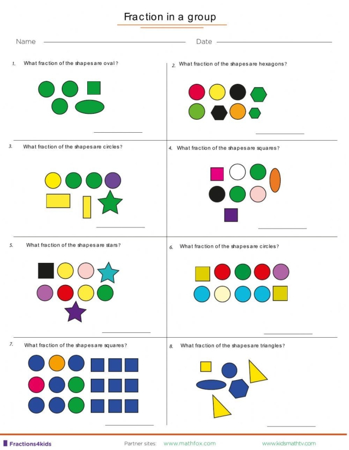 Fraction Practice Worksheet: Identifying 1/2 for Grade 2 Students Worksheet featuring fraction practice for second graders focusing on finding one half