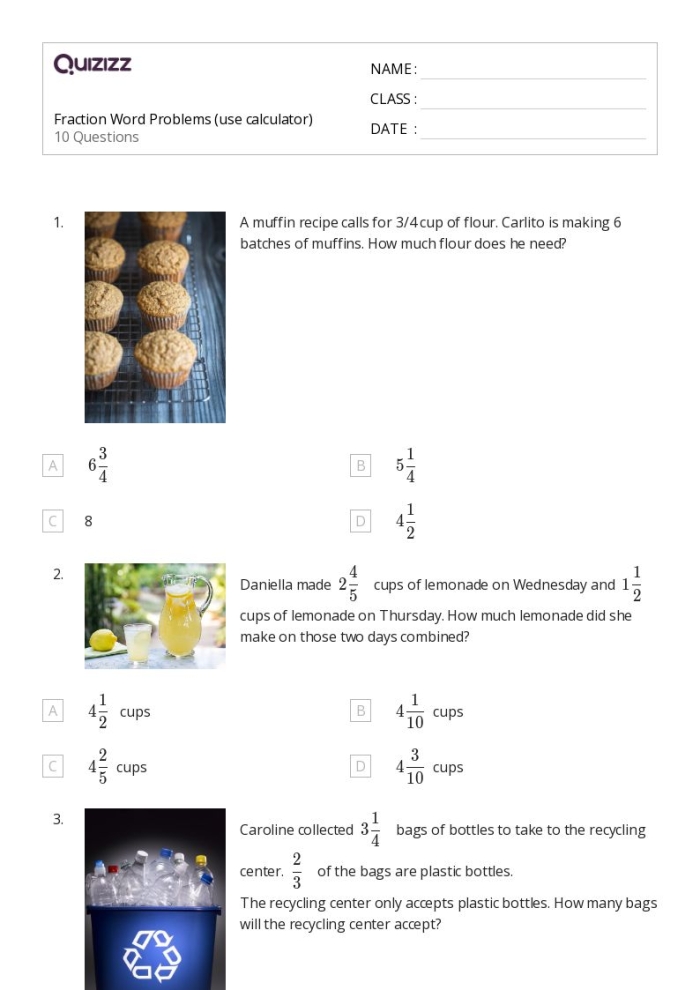 Third grade students solving fraction word problems about sharing food and equal parts