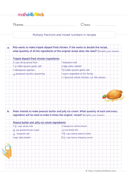 A third grade student solving fraction word problems using recipe ingredients and measurements