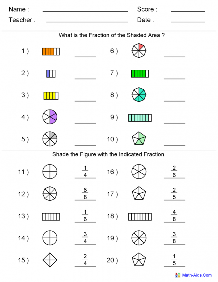Third grade student working on a cooking themed math worksheet to learn basic fractions