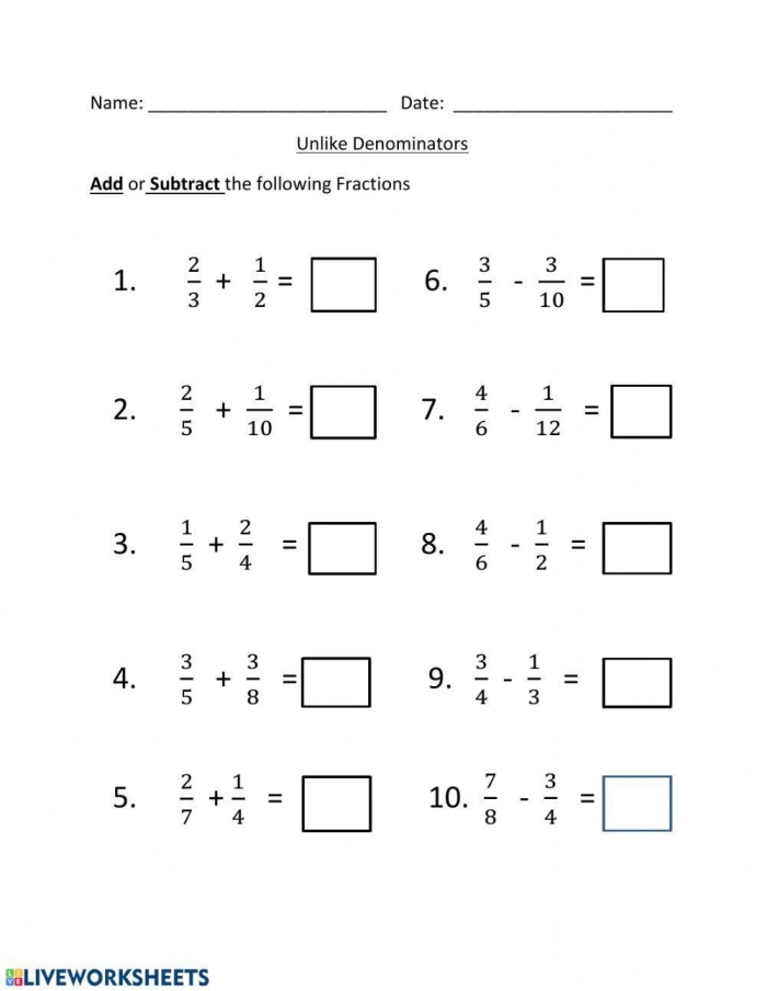 Fifth grade math worksheet featuring practice problems for subtracting fractions with unlike denominators