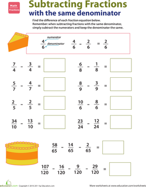 Subtracting Fractions With Like Denominators Practice Problems for Elementary Students Fourth grade math worksheet showing fraction subtraction problems with identical denominators for students to solve