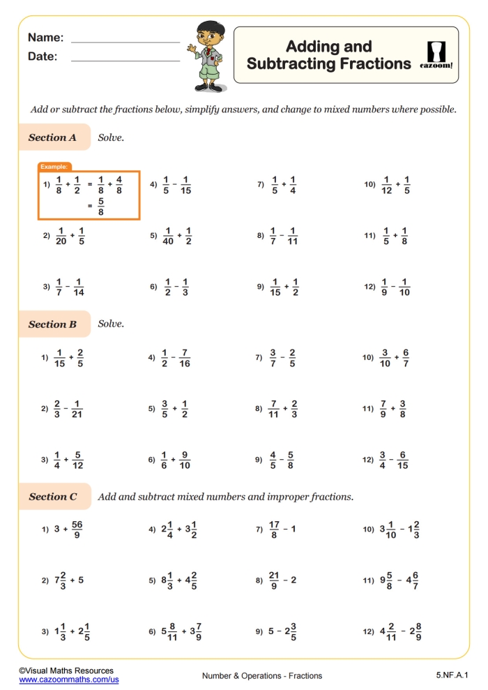 Fifth grade geometry worksheet showing step-by-step examples of subtracting fractions with different denominators using visual models and number lines
