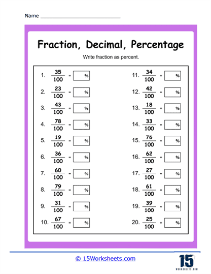 Fourth grade student completing a math worksheet on converting fractions to decimals for exercise twenty two
