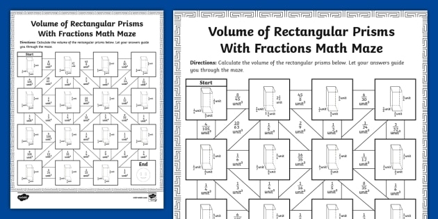 Sixth grade math worksheet for calculating the volume of rectangular prisms and cubes with fractional side lengths