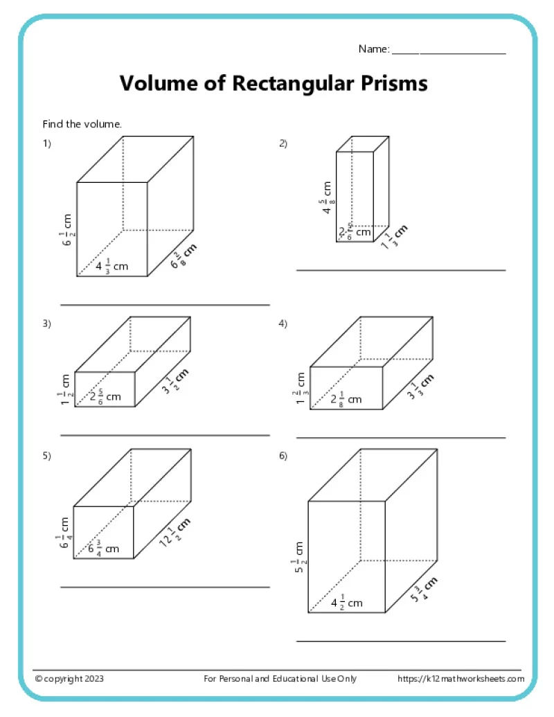 Sixth grade math worksheet for calculating the volume of rectangular prisms and cubes with fractional side lengths