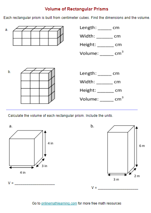 Sixth grade geometry worksheet featuring practice problems on calculating the volume of rectangular prisms and cubes with fractional side lengths