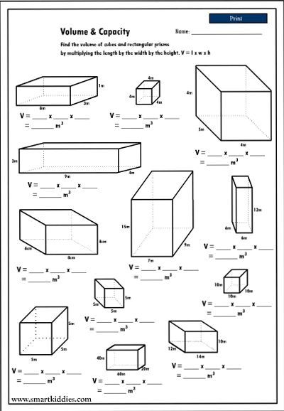 Sixth grade worksheet featuring math problems to calculate the volume of rectangular prisms and cubes with fractional side lengths